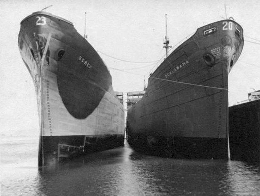 Two Navy fleet oilers fitting out at the Marinship shipyard in Sausalito, circa 1943. Many families of the shipyard's wartime workforce settled in Marin City, and Golden Gate Village was completed in 1961 for that community.