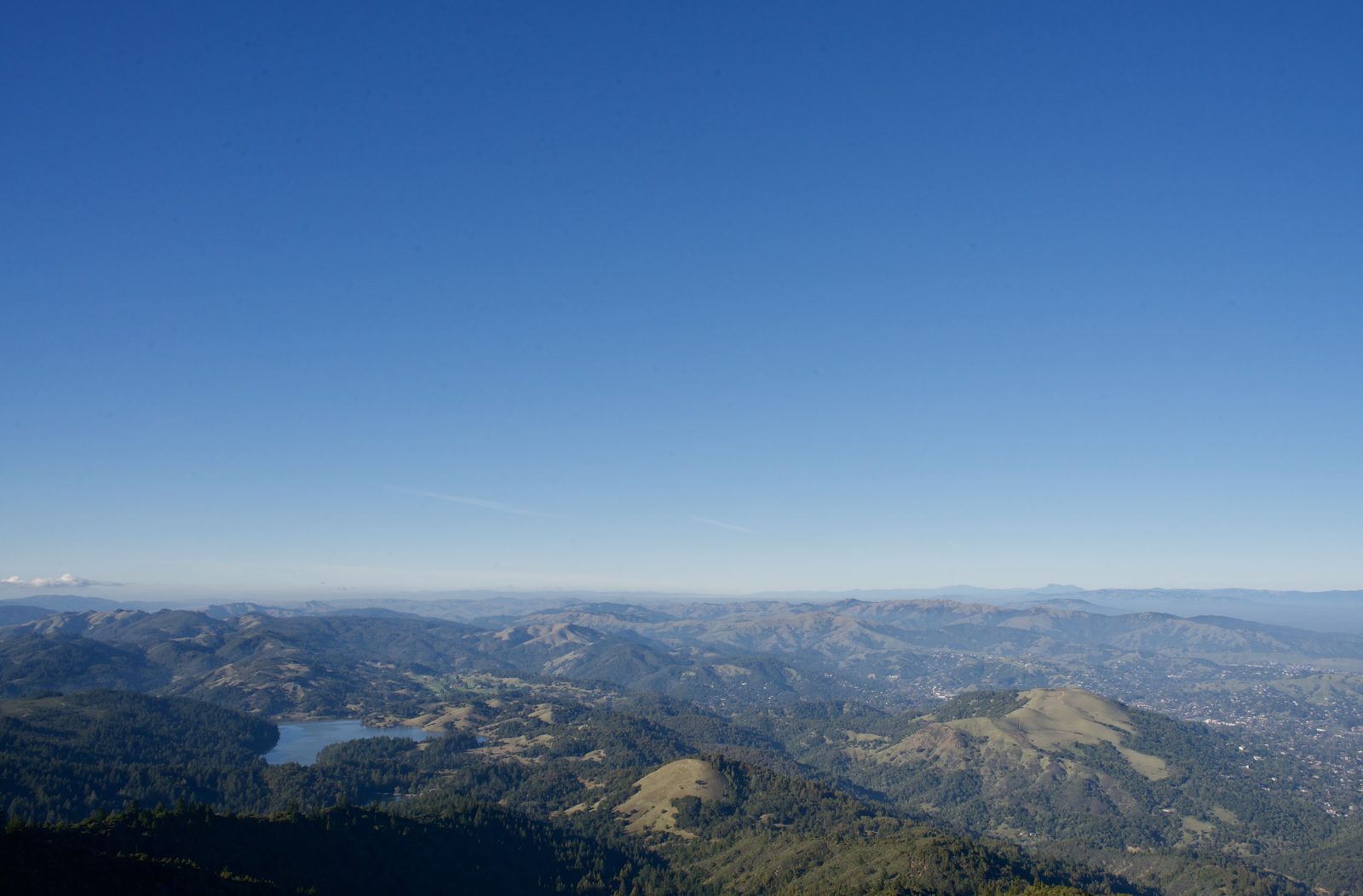 Bon Tempe Lake, at lower left, seen from the East Peak of Mount Tamalpais. Smoke from the planned burn may be visible across this watershed landscape, and the county asks residents not to report it to 9-1-1.