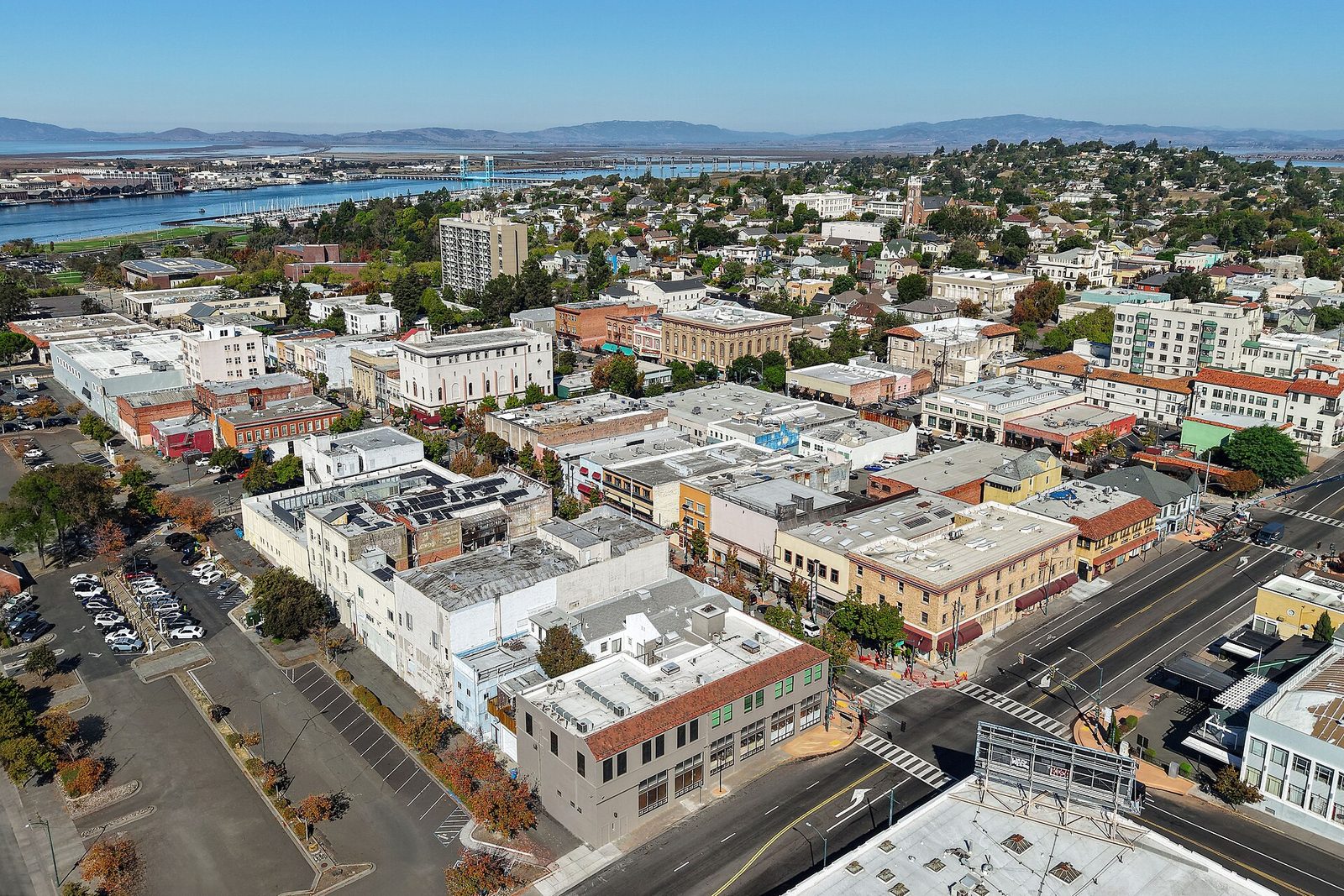 An aerial view of downtown Vallejo and the Mare Island Strait in Solano County. The April pursuit began on Interstate 80 in the county's northeast and ended in Fairfield, the county seat.