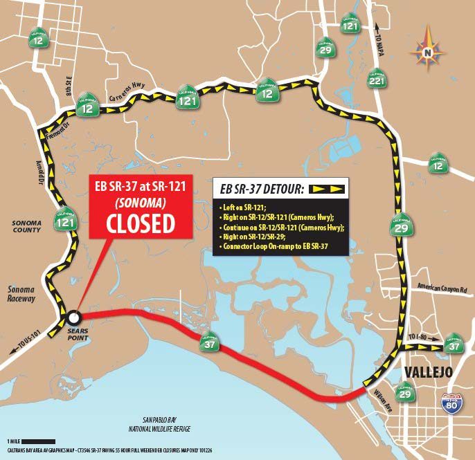 The Caltrans detour map for eastbound Route 37 during the closure: drivers loop north on Routes 121, 12 and 29 around the closed segment between Sears Point and Vallejo.