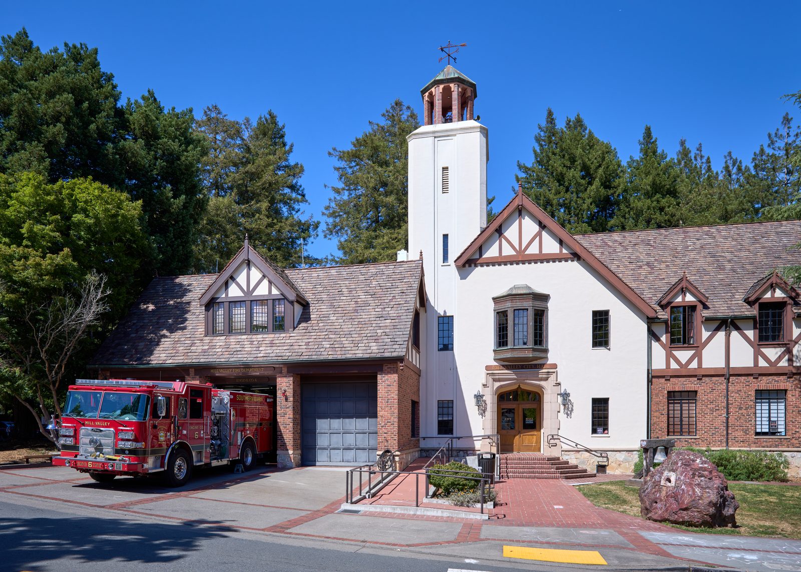 Mill Valley City Hall and Fire Station in June 2026. Mill Valley is one of the communities served by the Tamalpais Union High School District, whose board now faces an election with three open seats and both Roenisch and Saavedra on the ballot.